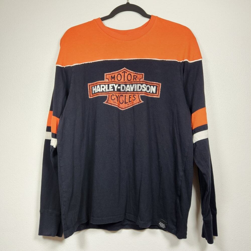 Vintage y2k Harley Davidson Museum Stripe Orange Shirt Medium Skate Biker